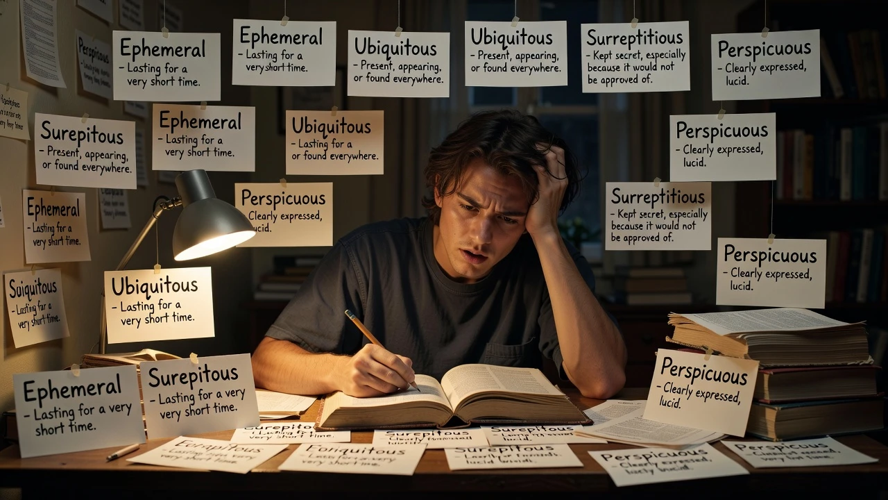 A person studying with textbooks, confused expression, surrounded by formal English vocabulary cards