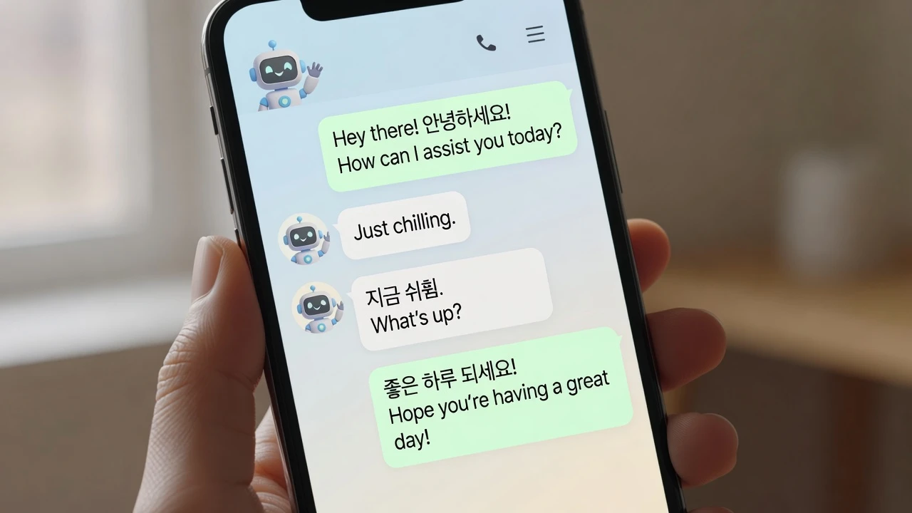 A phone screen showing a chat interface with an AI character, casual and friendly design, speech bubbles in both English and Korean