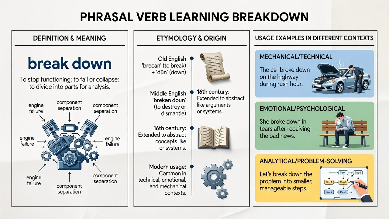 A learning breakdown view showing a phrasal verb definition, etymology, and usage examples in different contexts