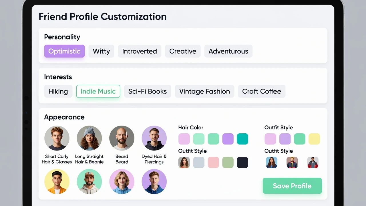 A friend profile customization screen showing options for personality, interests, and appearance settings