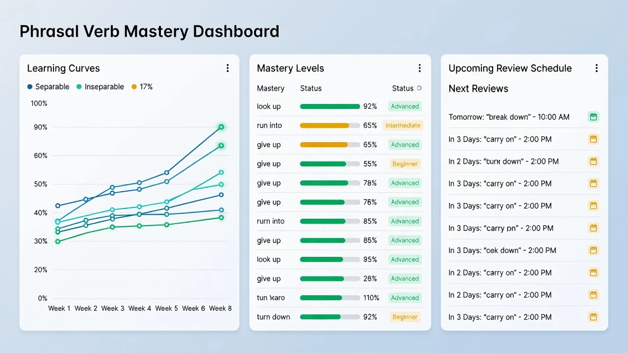 A progress dashboard showing learning curves, mastery levels for different phrasal verbs, and upcoming review schedule