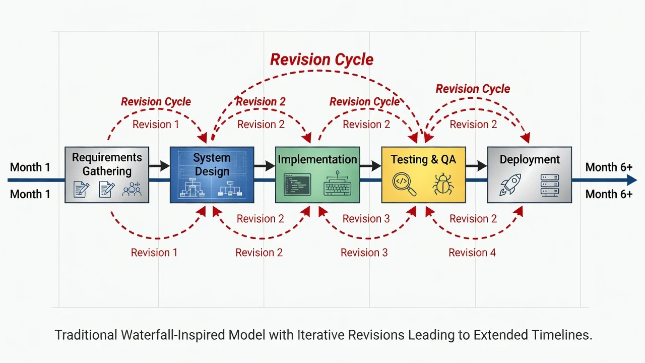 A timeline showing traditional software development stretched across months with multiple revision cycles