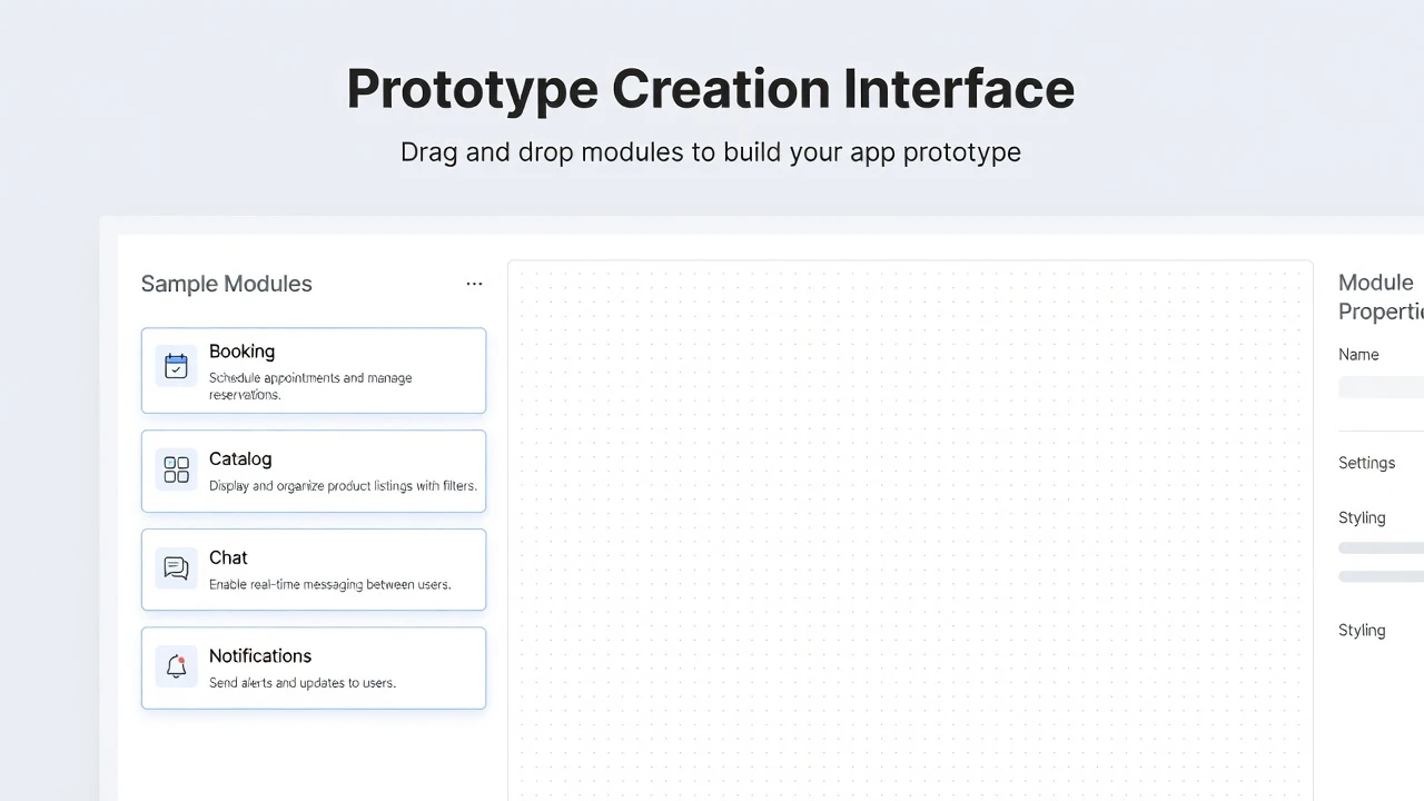 A screenshot showing the prototype creation interface with sample modules like booking, catalog, chat, and notifications