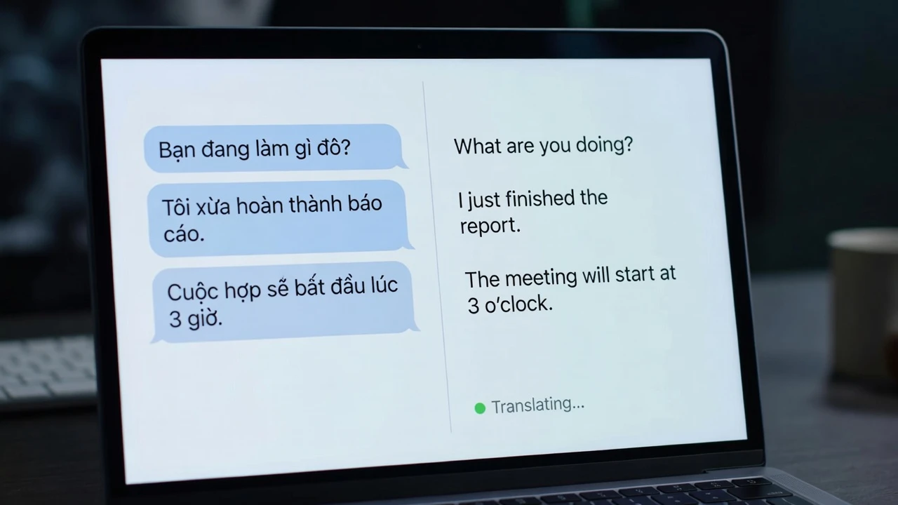 A laptop screen showing a split-view chat interface with Vietnamese text on one side translating to English in real-time