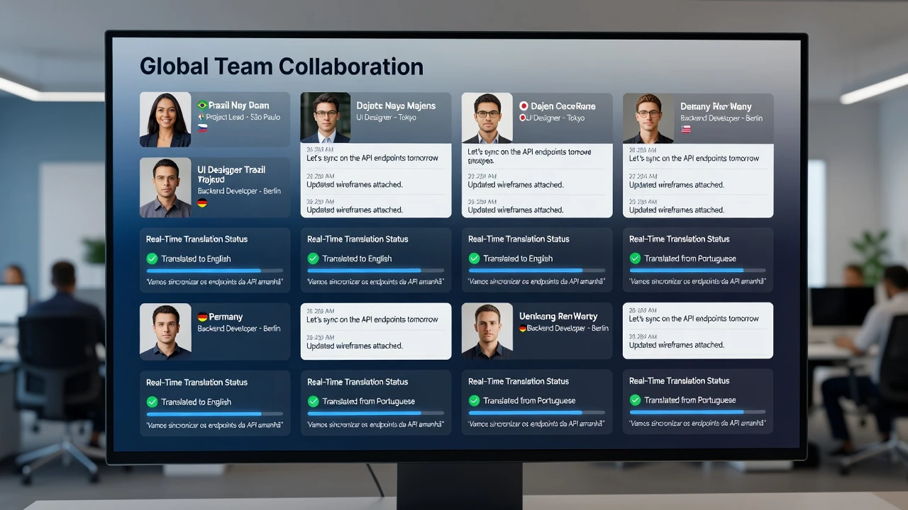 A project dashboard showing team members from different countries with real-time translation status beneath each message thread